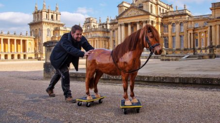 Pony express a model recreation of Winston Churchill''s childhood pony Rob Roy is pushed -in front of Blenheim Palace