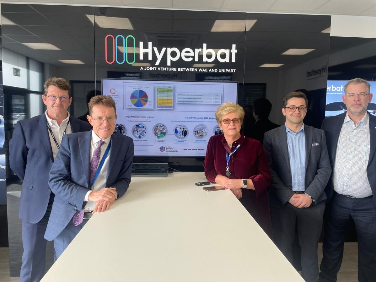Left to right: Hyperbat MD Steve Robins, Andy Street, Carol Burke, Institute of Advanced Manufacturing and Engineering Director Marcos Kauffman, Unipart Manufacturing Business Development Director Andy Davis